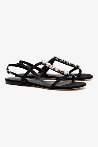 Calypso Flat Sandal In Black Fabric and Crystals