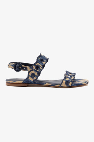 Florence Broderie Flat Sandal In Tie Dye Beige and Navy Raffia