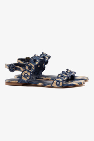 Florence Broderie Flat Sandal In Tie Dye Beige and Navy Raffia