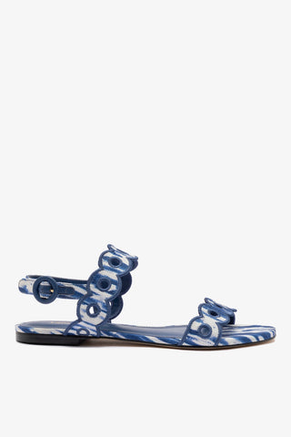 Florence Broderie Flat Sandal In Tie Dye Blue Raffia
