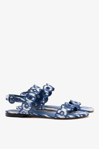 Florence Broderie Flat Sandal In Tie Dye Blue Raffia
