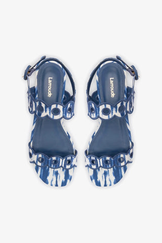 Florence Broderie Flat Sandal In Tie Dye Blue Raffia