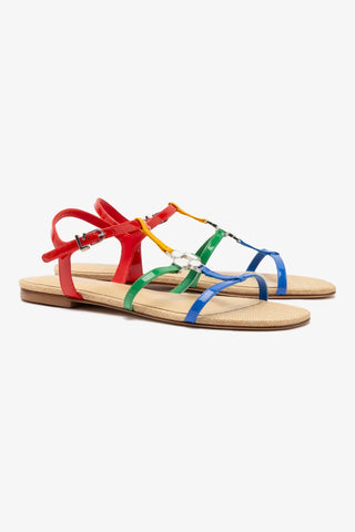 Hana Flat Sandal In Multicolor Patent Leather and Raffia