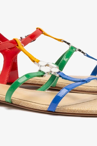 Hana Flat Sandal In Multicolor Patent Leather and Raffia