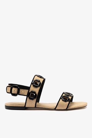 Milan Flat Sandal In Beige Raffia and Black Trimming Womens - Shoes - Flats Larroudé