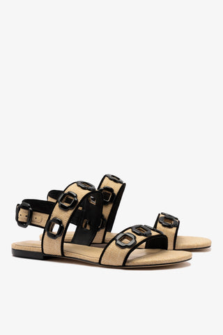 Milan Flat Sandal In Beige Raffia and Black Trimming Womens - Shoes - Flats Larroudé