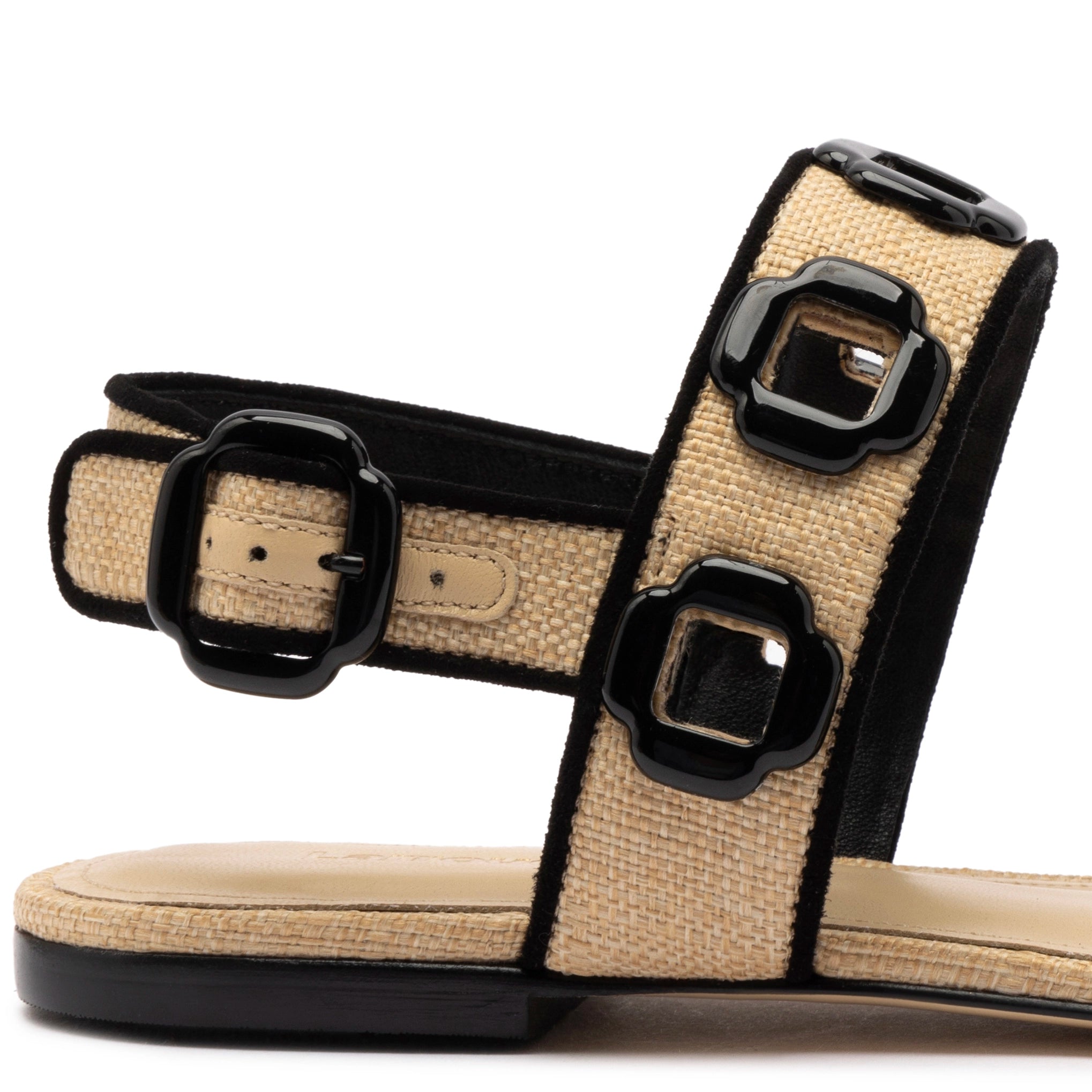 Milan Flat Sandal In Beige Raffia and Black Trimming