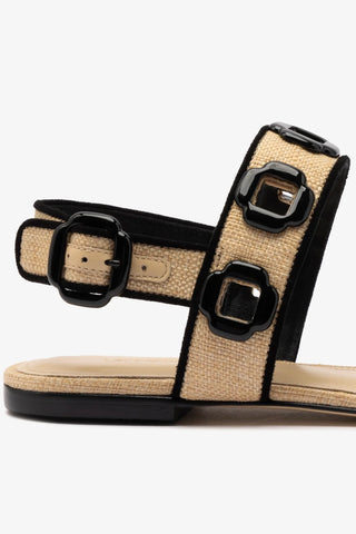 Milan Flat Sandal In Beige Raffia and Black Trimming