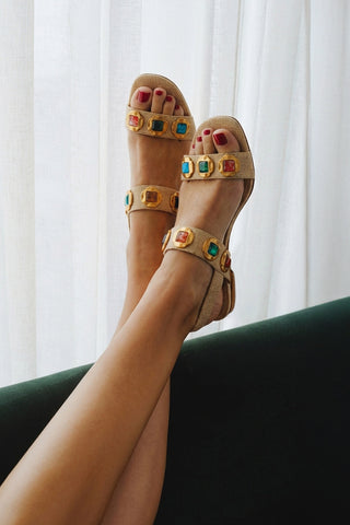 Milan Gioiello Flat In Beige Raffia Flat - Sandal Larroudé