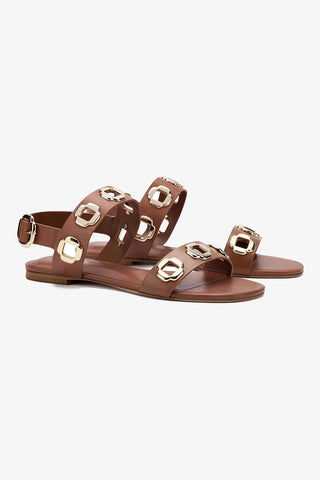 Milan Flat Sandal In Caramel Leather