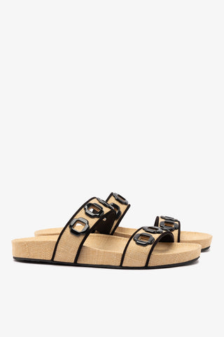 Milan Slide In Beige Raffia and Black Trimming