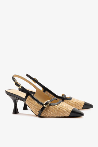 Ines Pump Natural Raffia and Black Leather Pump Larroudé