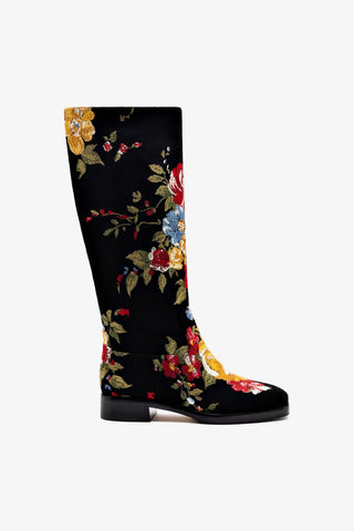 Larroudé x Markarian Flat Boot In Black Wool and Floral Embroidery