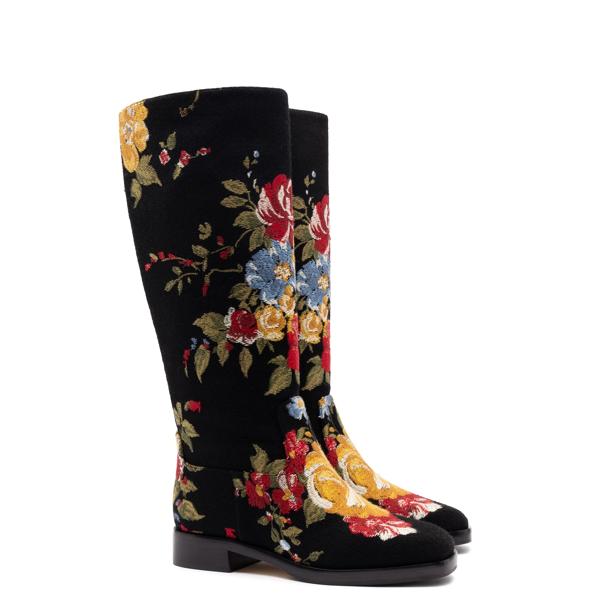 Larroude x Markarian Flat Boot In Black Wool and Floral Embroidery Boots Larroude