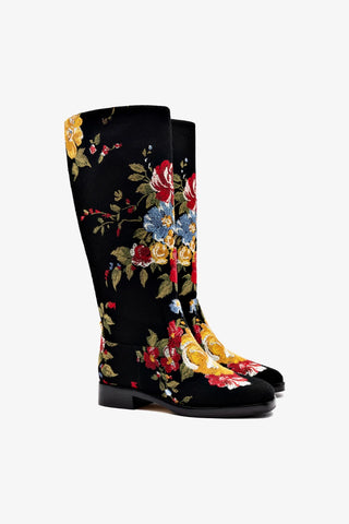 Larroudé x Markarian Flat Boot In Black Wool and Floral Embroidery