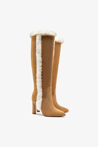 Cindy Hi Faux Fur Boot In Peanut Suede and Natural Shearling