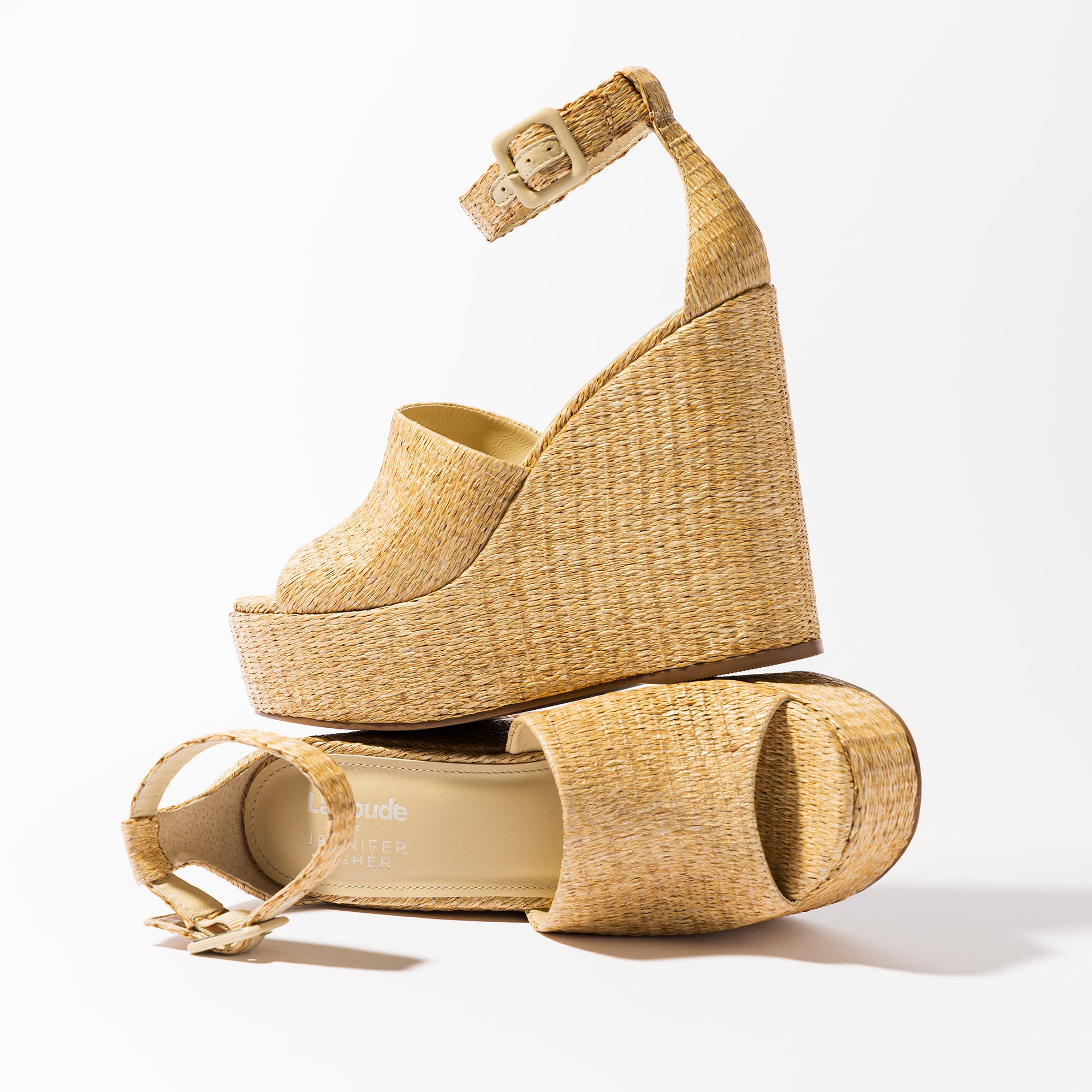 Larroudé x Jennifer Fisher Wedge Sandal In Sepia Raffia