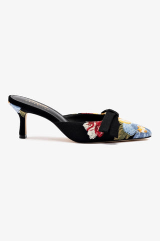 Larroudé x Markarian Mule In Black Wool and Floral Embroidery