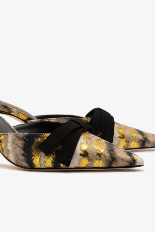 Larroudé x Markarian Mule In Floral Embroidery Gold Fabric