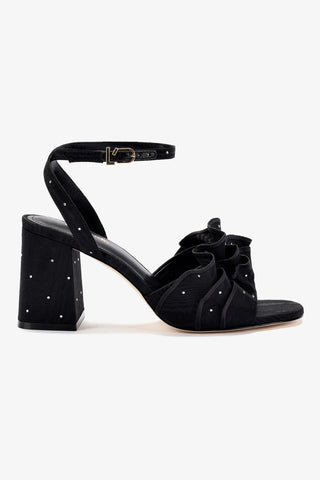 Selena Ruffle Sandal In Black Fabric and Crystals