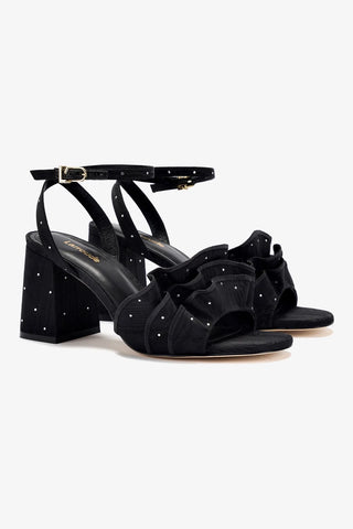 Selena Ruffle Sandal In Black Fabric and Crystals