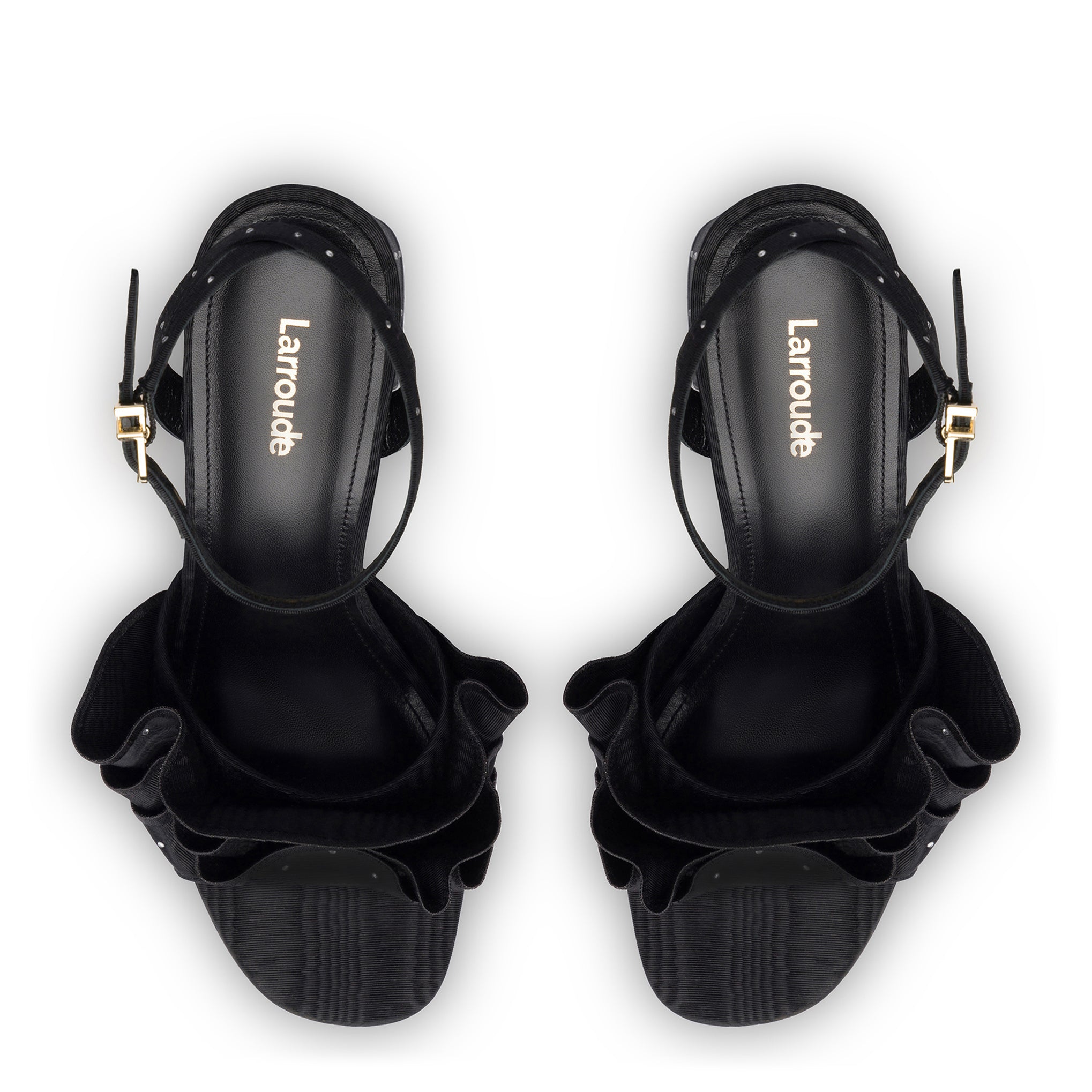 Selena Ruffle Sandal In Black Fabric and Crystals