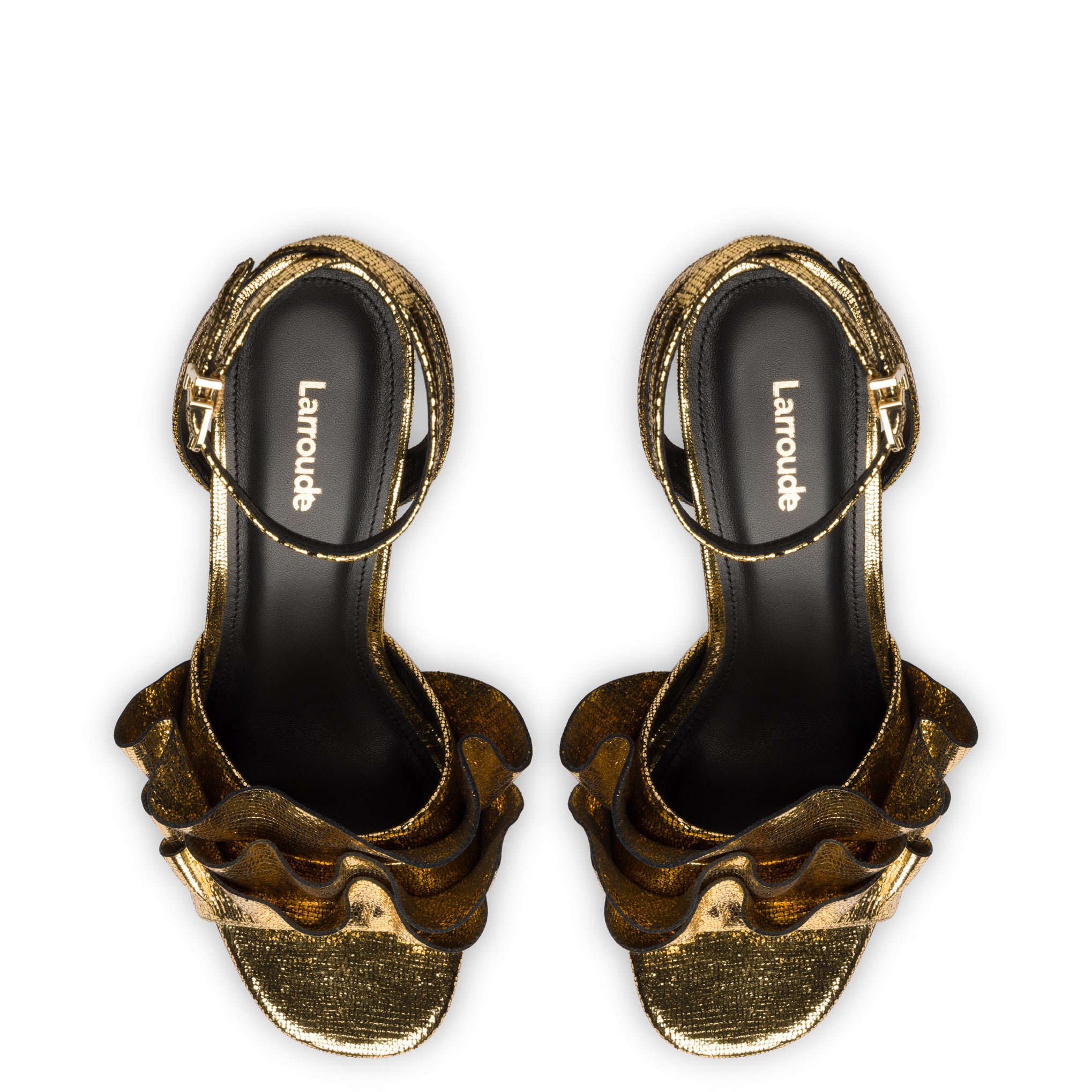Selena Ruffle Sandal In Gold Cracked Metallic Leather