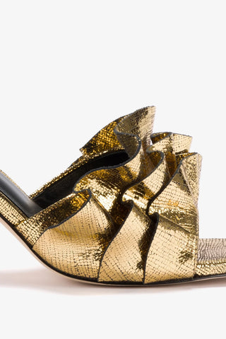 Selena Ruffle Sandal In Gold Cracked Metallic Leather