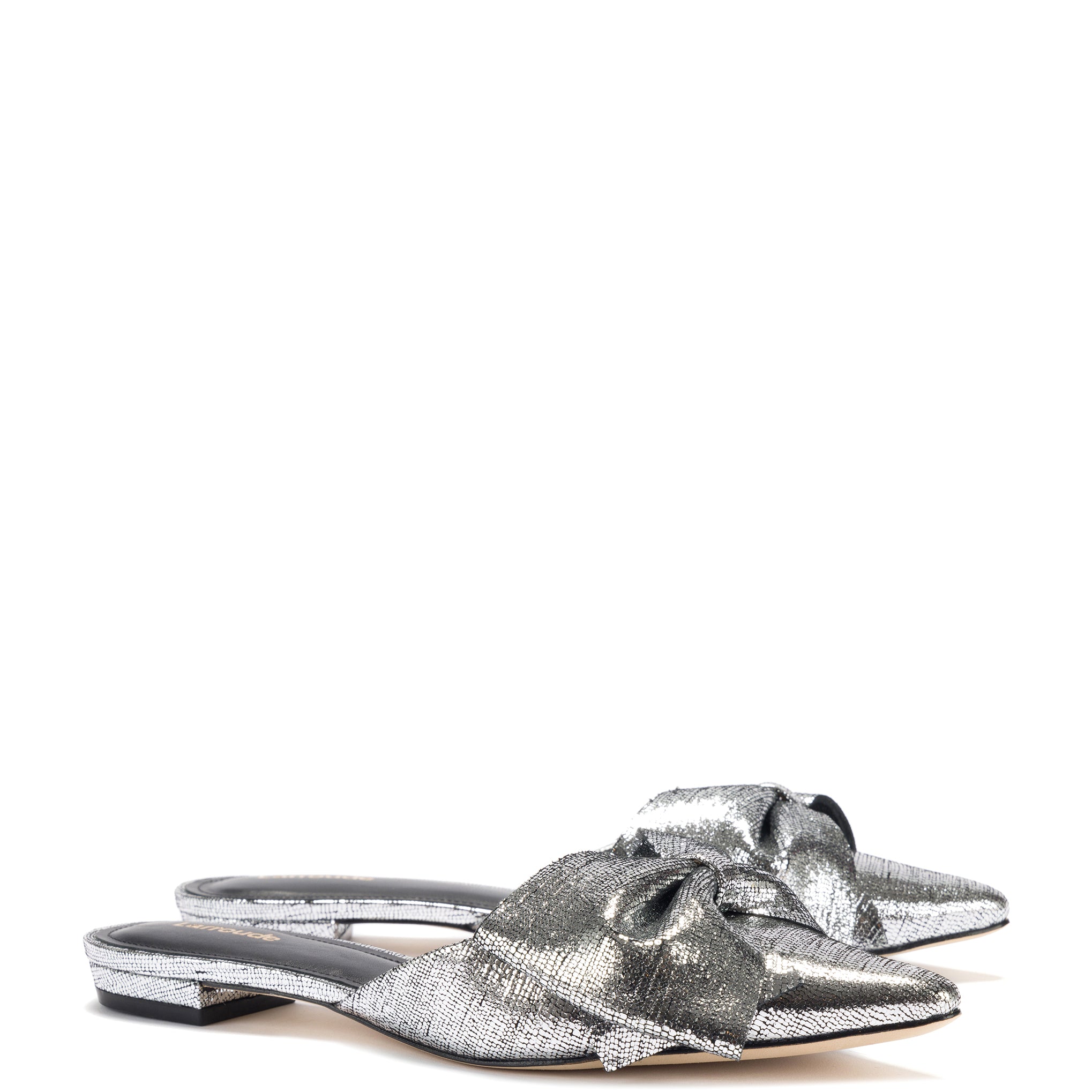 Elle Flat Mule In Silver Cracked Metallic Leather