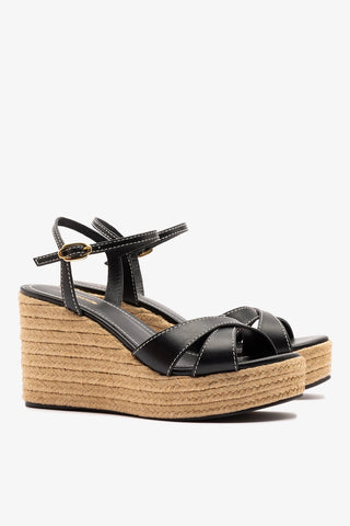 Bianca Espadrille Sandal Black Leather Womens - Shoes - Sandals Larroudé