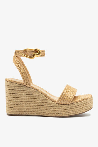Verona Low Wedge In Beige Leather and Natural Raffia