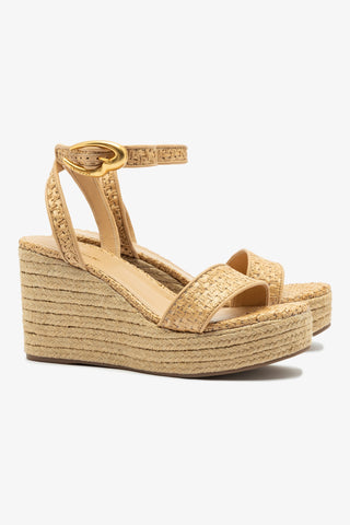 Verona Low Wedge In Beige Leather and Natural Raffia