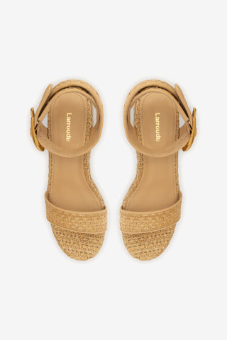 Verona Low Wedge In Beige Leather and Natural Raffia