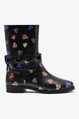 Larroudé x Libertine Milan Flat Bootie In Black Leather and Printed Pansies