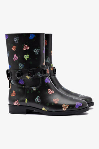 Larroudé x Libertine Milan Flat Bootie In Black Leather and Printed Pansies