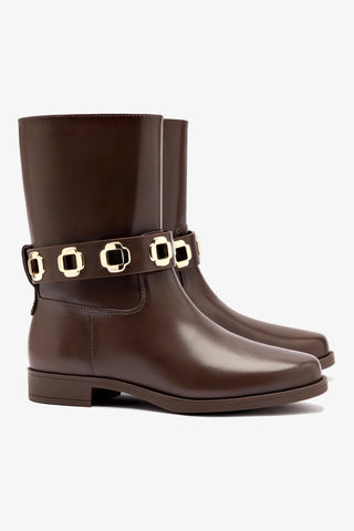 Milan Flat Bootie In Brown Water Resistant Leather