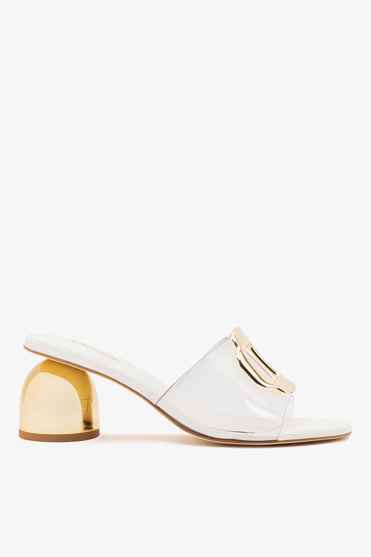 Transparent vinyl mule sandal with oversized gold-tone hardware