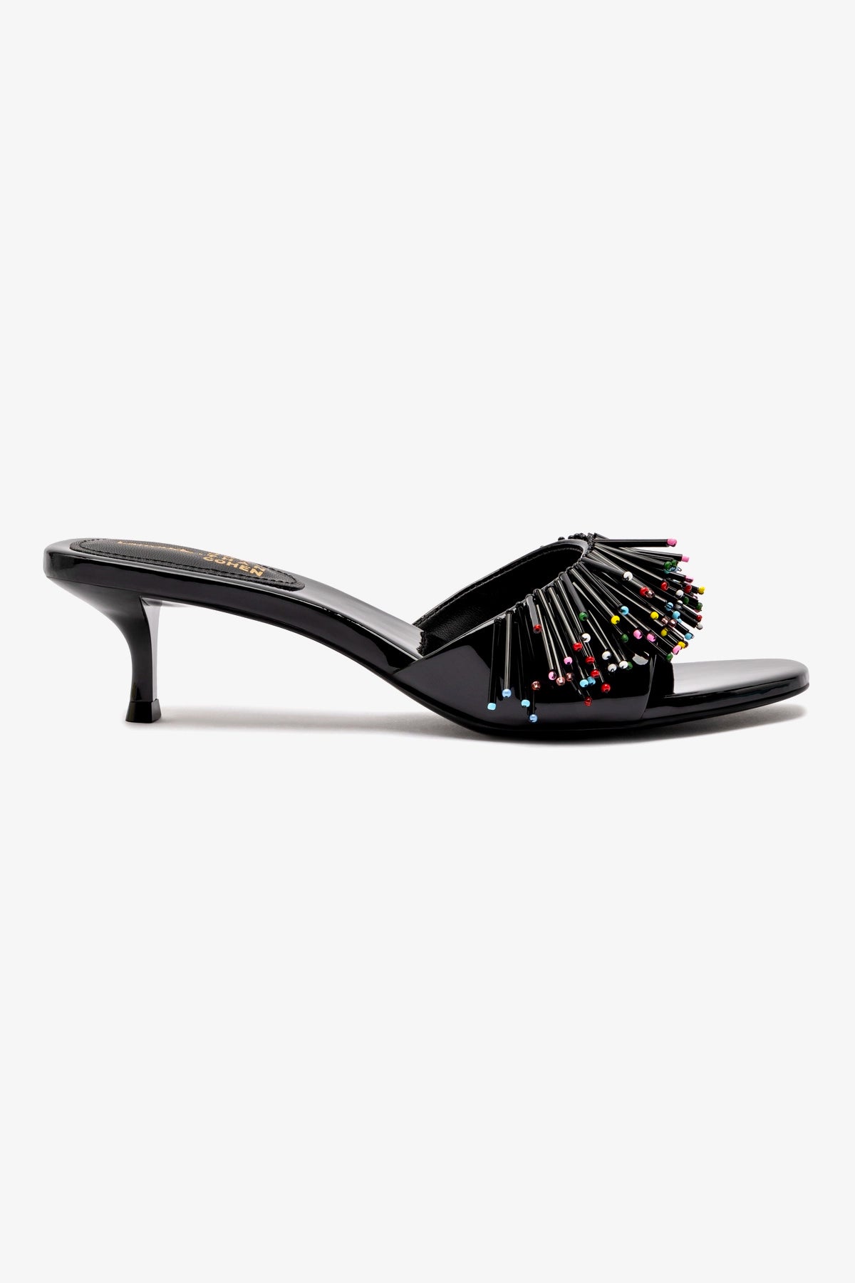 Larroude x Jonathan Cohen Fringe Greta Mule In Black Patent Larroude x Jonathan Cohen Fringe Greta Mule In Black Patent
