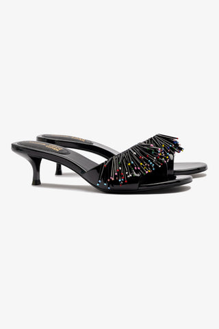 Larroudé x Jonathan Cohen Fringe Greta Mule In Black Patent Leather