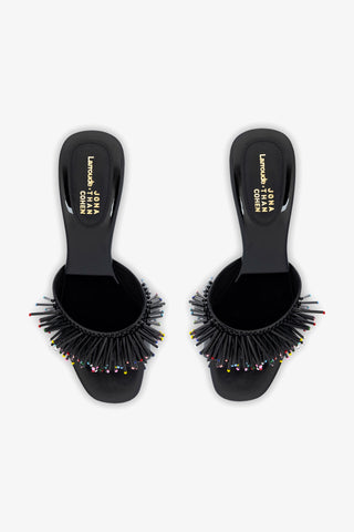 Larroudé x Jonathan Cohen Fringe Greta Mule In Black Patent Leather