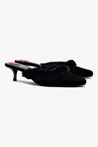 Amal Faux Fur Mule In Black Suede