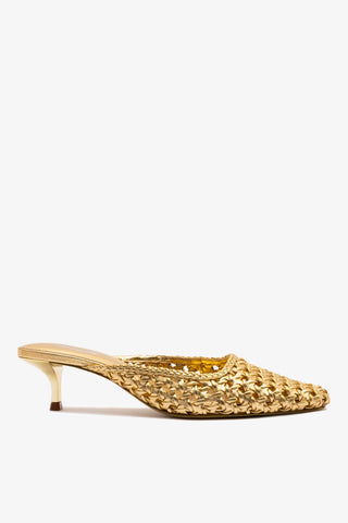 Amal Macrame Mule In Gold Metallic Leather Mule Larroudé