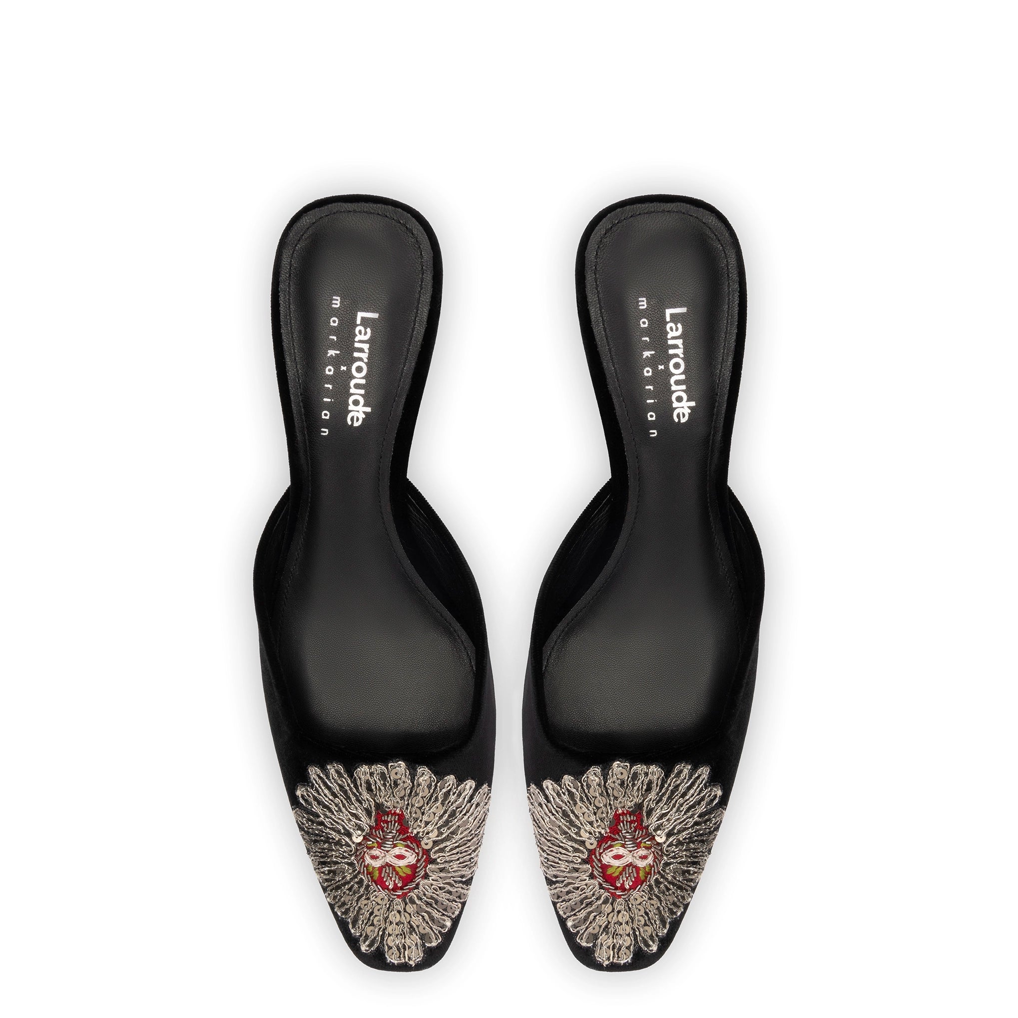 Larroudé x Markarian Mule In Black Velvet and Heart Embroidery