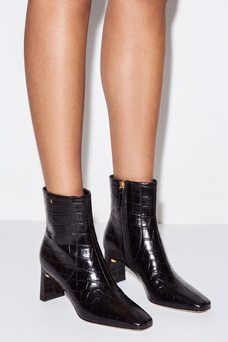 Alexis Bootie In Dark Croco Embossed Leather