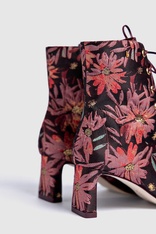 Larroudé x Markarian Alexis Boot In Floral Embroidery Burgundy Fabric