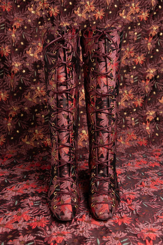 Larroudé x Markarian Alexis Hi Boot In Floral Embroidery Burgundy Fabric