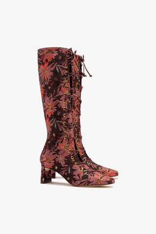 Larroudé x Markarian Alexis Hi Boot In Floral Embroidery Burgundy Fabric