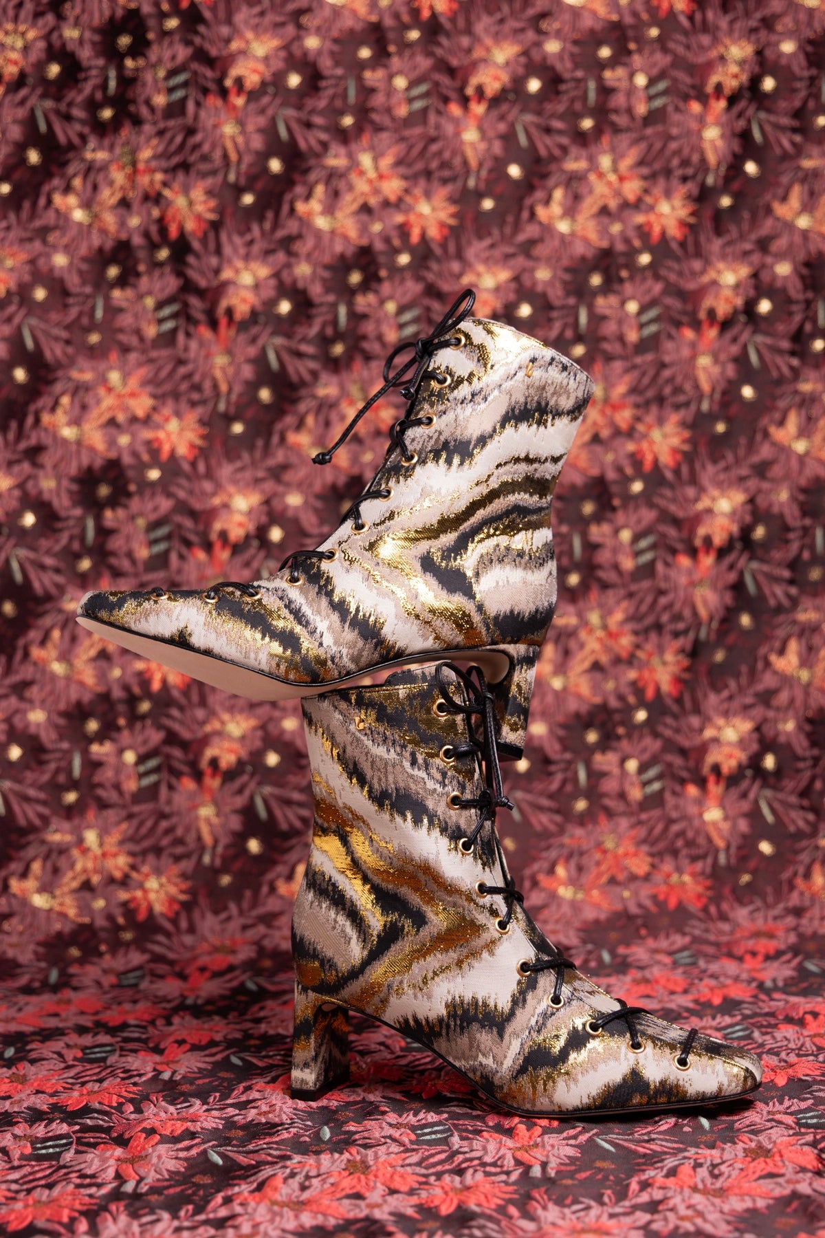 Larroud x Markarian Alexis Boot In Floral Embroidery Gold Fabric - Boots - Larroud Larroude Larroud x Markarian Alexis Boot In Floral Embroidery Gold Fabric - Boots - Larroud Larroude