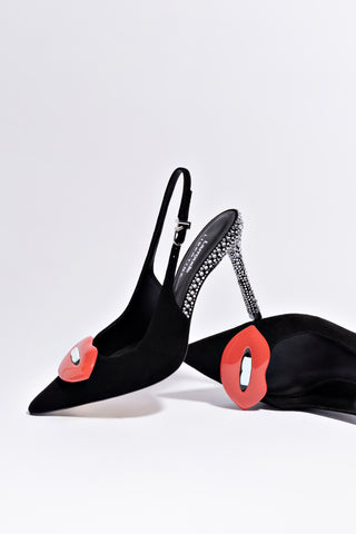 Larroudé x Libertine Lips Pump Hi In Black Suede and Crystals