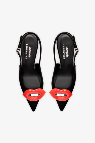 Larroudé x Libertine Lips Pump Hi In Black Suede and Crystals